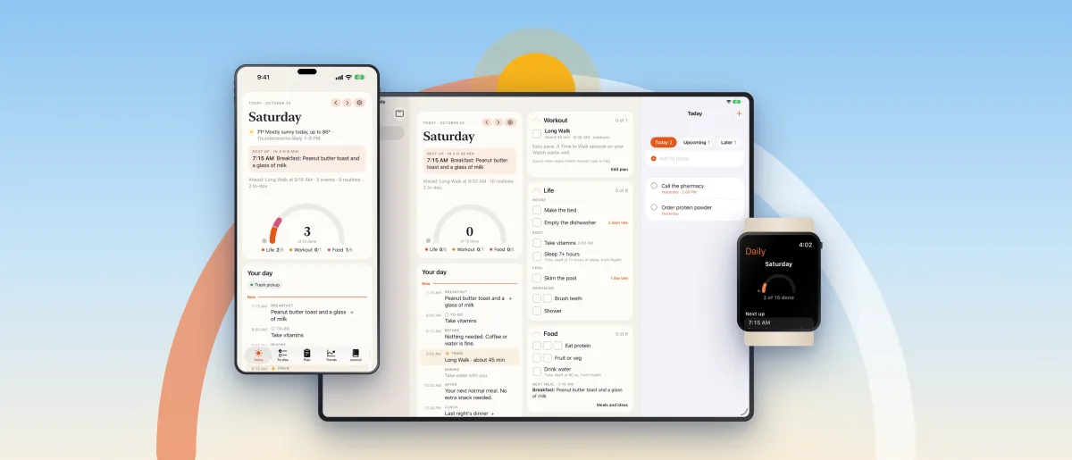 Daily running on iPhone, iPad and Apple Watch, showing today's plan and the progress arc.